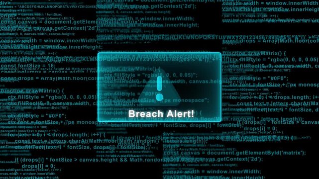 Breach alert warning screen on blue matrix code background for cyber security hacking visualization and data theft protection