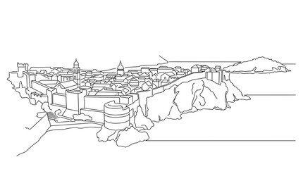 Fototapeta premium Minimalist Outline Drawing of a Coastal City with Fortifications and Sea