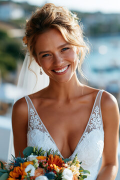 Magnificent beautiful bride portrait before the ceremony, delicate lace details, floral bouquet, bright warm season weather,