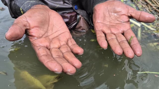 Farmer Wet Wrinkled Palms After Working In Water Extreme Close Up Macro View