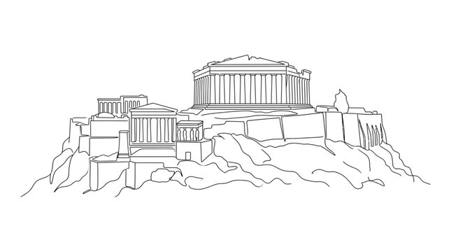 Outline drawing of the Acropolis of Athens, ancient Greek architecture, historical landmark, vector illustration