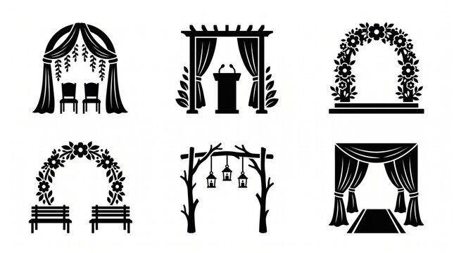 Wedding and event arch silhouette icon collection featuring floral trellises, curtained stages, and decorative platforms, perfect for ceremony branding, event design, and creative projects.
