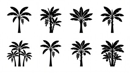 Fototapeta premium Banana tree silhouette icon collection with varied leaf arrangements and hanging fruit, symbolizing tropical nature, perfect for botanical design, branding, and educational projects.