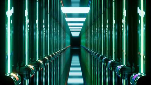 Long corridor with glowing green lights