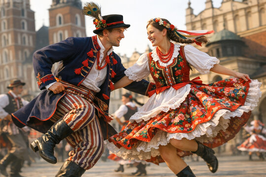 Traditional Polish Krakowiak dance Dancers in Traditional Polish Folk costumes Poland Krak&oacute;w