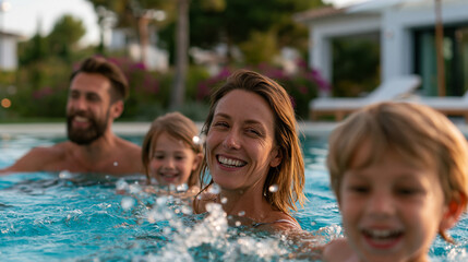 Fototapeta premium Family relaxing and playing in a luxury swimming pool, children splashing while parents smile nearby, modern outdoor living space, vibrant summer atmosphere,