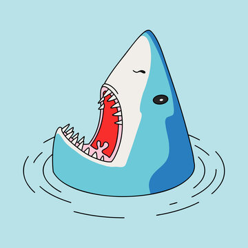 White and Blue Shark Head with Big Open Mouth and Teeth Coming Out of Sea Water. Marine Life Natural Predator Illustration