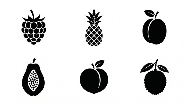 Fruit silhouette icon collection featuring raspberry, pineapple, plum, papaya, peach, and lychee, symbolizing botanical diversity, perfect for food branding, educational projects, and creative design.