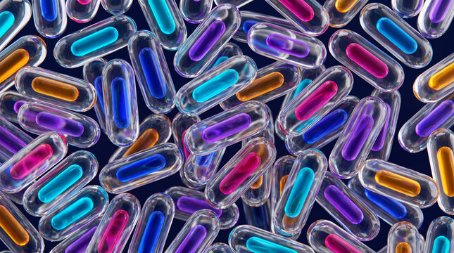 Mosaic of glass capsules glowing with colorful liquid cores