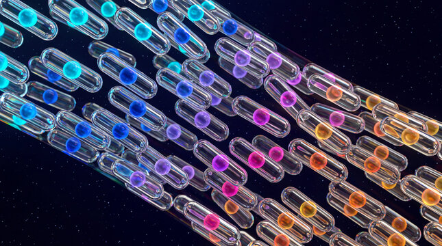 Diagonal streams of glass capsules holding glowing bicolor orbs