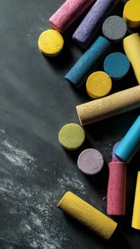 Multicolored chalks lie on a dusty blackboard, evoking a sense of creativity and learning. This image is ideal for school, teaching, art, and back to school concepts