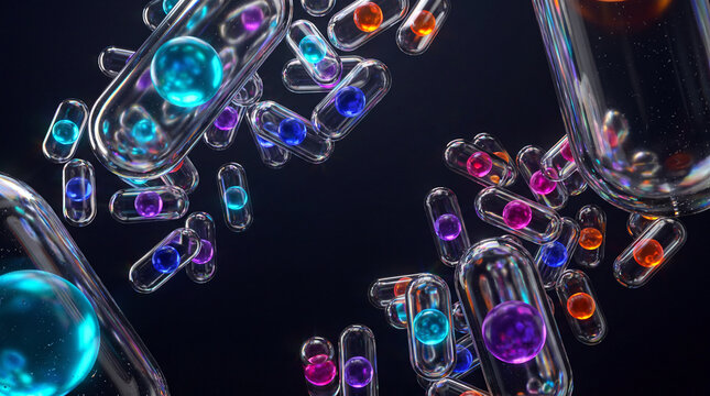 Colorful orbs glowing inside floating glass capsules