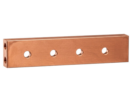 Industrial solid copper grounding busbar with multiple mounting holes transparent background
