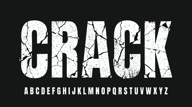 Distressed white letter style spelling 'CRACK' with cracked texture over a black backdrop and a clean alphabet, symbolizing strong impactful messaging and modern typography design