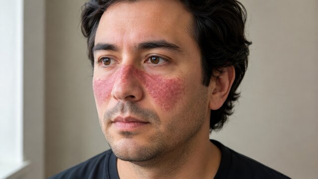 Man with red patchy skin rash on face looking concerned indoors by natural light window