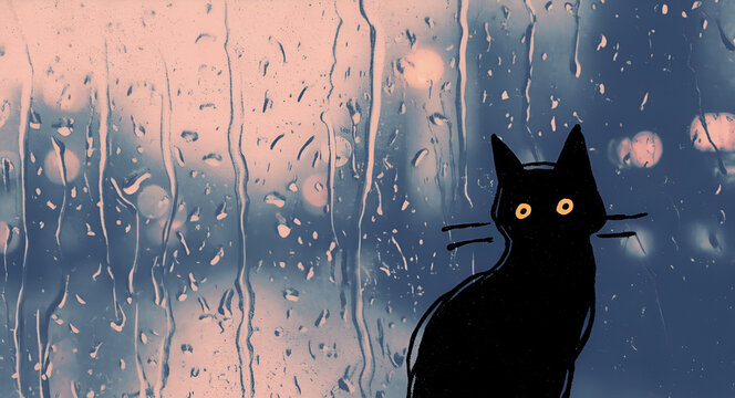 Immagine composta con illustrazione di sagoma di gatto nero dagli occhi gialli su uno sfondo costituito da una superficie in vetro rigata da pioggia