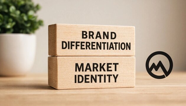 Wooden blocks displaying brand differentiation and market identity concepts on a light wooden surface with a plant