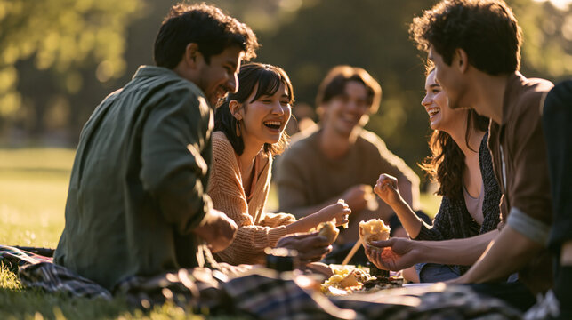 Joyful Picnic Gathering: A group of friends enjoys a sun-drenched picnic in a park, sharing laughter and food on a checkered blanket, embodying the spirit of togetherness and summer leisure.