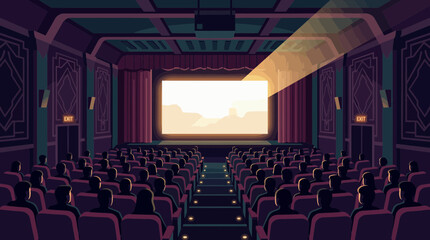 Naklejka premium Flat design illustration of a classic cinema hall with an audience watching a bright screen and projector beam, illustrating an immersive entertainment experience and cinematic storytelling