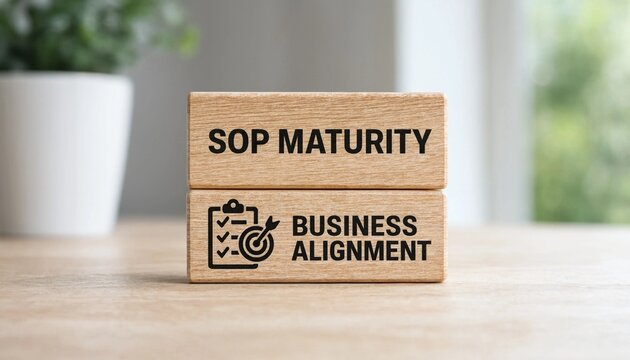 Wooden blocks displaying concepts of sop maturity and business alignment on a light wooden surface