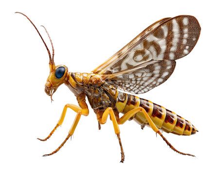 Scorpionfly Macro Shot: A detailed macro photograph showcases the intricate features of a scorpionfly, highlighting its unique body structure, large compound eyes, and patterned wings.