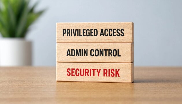 Wooden blocks displaying concepts of privileged access admin control and security risk on a light surface