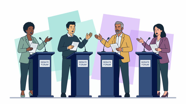 Diverse men and women speakers at podiums with microphones, actively gesturing and debating in a forum, illustrating communication and public forum discussion