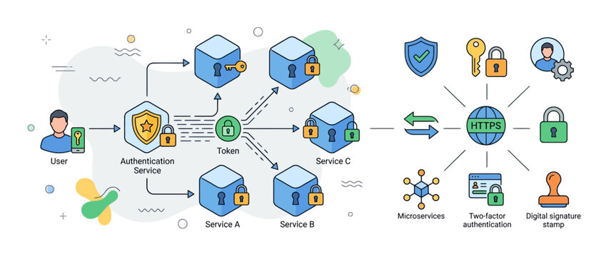 Microservices security architecture diagram featuring authentication tokens and HTTPS protocols.