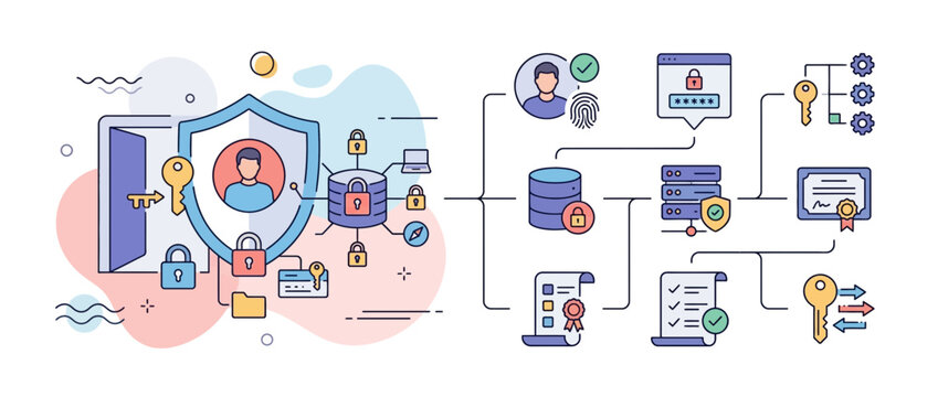 Computer programming and cybersecurity concepts with data protection and encryption icons set