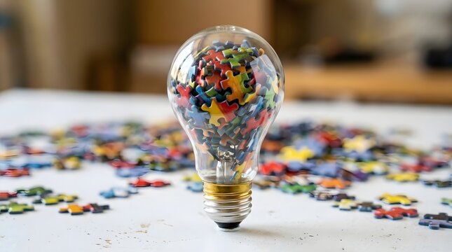Light bulb filled with colorful puzzle pieces on white background