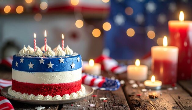A flag‑inspired cake glows with candles, celebrating freedom, unity, and joy, as stars and stripes sweetly remind us of heritage, pride, and enduring hope.