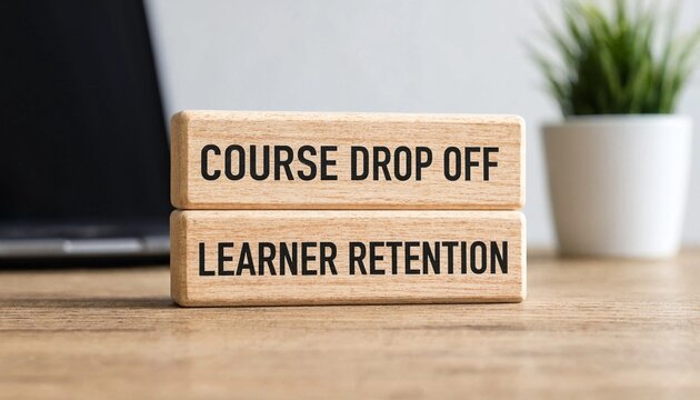 Wooden blocks displaying course dropout and learner retention concepts on a desk with laptop and plant
