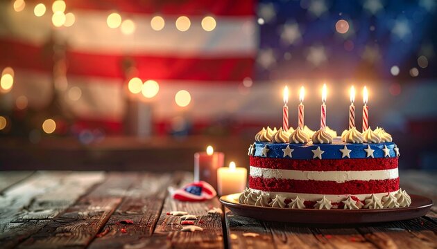 A flag‑inspired cake glows with candles, celebrating freedom, unity, and joy, as stars and stripes sweetly remind us of heritage, pride, and enduring hope.