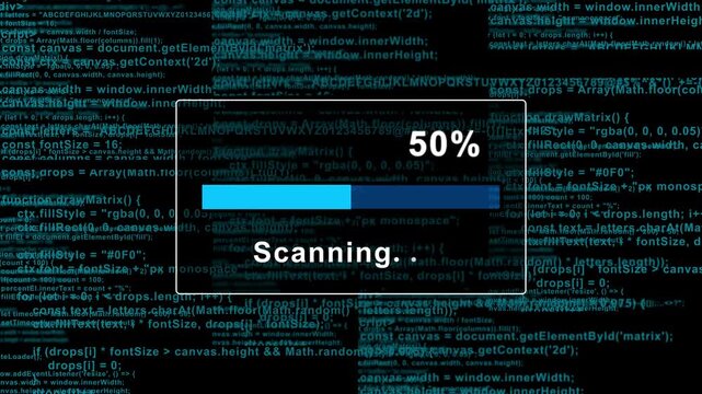 Cyberpunk Hacker System Scanning Animation With Dynamic Scrolling Programming Code Background And Loading Progress Bar Overlay