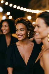Fototapeta premium Women enjoying a chic urban night gathering, glowing city lights, stylish attire, natural social connection, clean modern composition,, with crystal clear water
