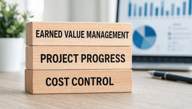 Wooden blocks displaying earned value management project progress and cost control concepts on a workspace desk