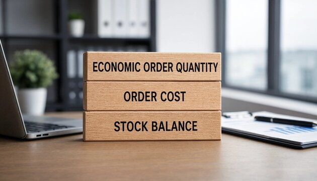 Wooden blocks displaying economic order quantity concepts on a modern office desk with laptop and tablet
