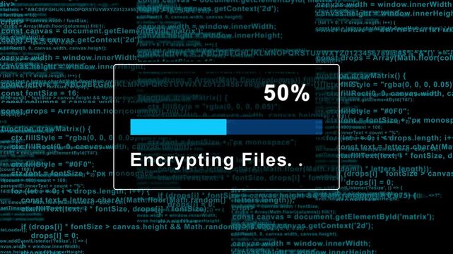 Cyber Security File Encryption Process With Scrolling Programming Code Background And High Tech Digital Loading Progress Bar Interface Animation