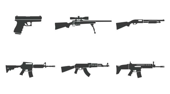 Clean vector silhouettes of a pistol, sniper rifle, shotgun and various assault rifles on white, representing military operations or graphic assets for security and defense projects