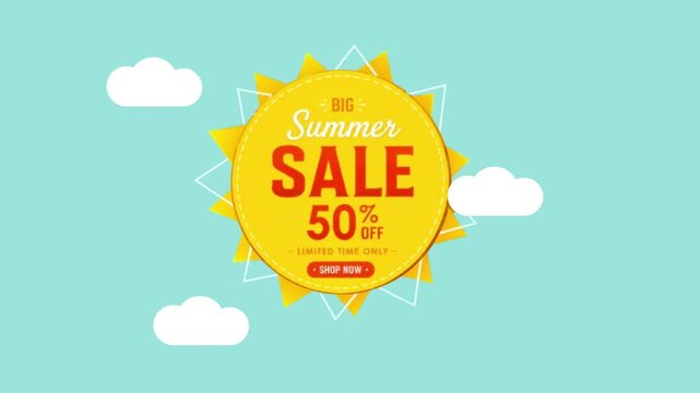 Summer Sale Discount Badge Animation with Sunburst on Blue Sky Background, Promotional Motion Graphic