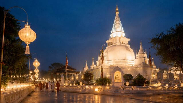 Buddhist monks walking past a glowing white pagoda at night in Thailand. Religious temple celebration with lantern lights.