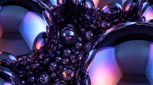 Organic ridge of clustered spheres against a hexagonal backdrop