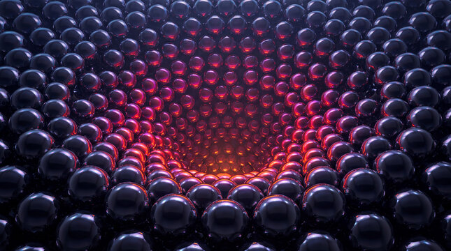 Tunnel of dark metallic spheres glowing red at the vanishing point