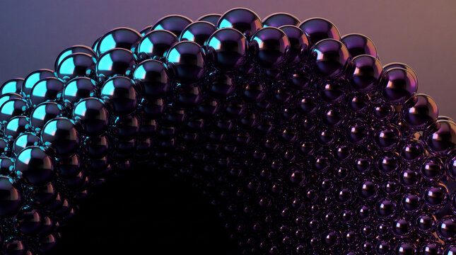 Cresting dome of chrome spheres transitioning from teal to amber