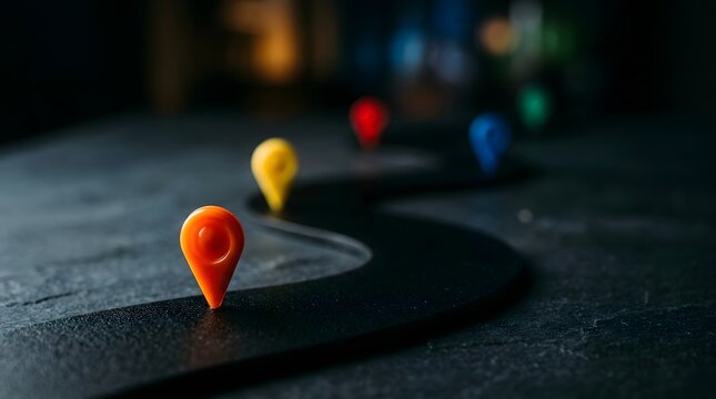 Colorful map pins marking locations along a winding path on dark surface