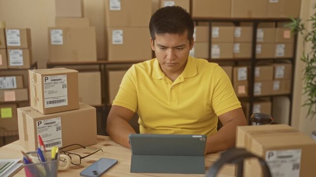 Man tapping tablet with hands amid stacked shipping boxes, labels and phone on desk in building; focused productivity.
