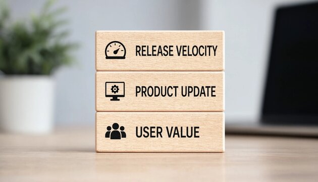 Wooden blocks displaying release velocity product update and user value concepts for software development and business strategy