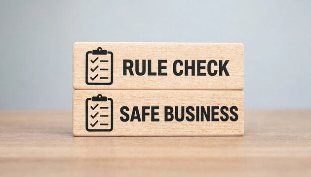 Wooden blocks displaying rule check and safe business concepts with clipboard icons for compliance and security