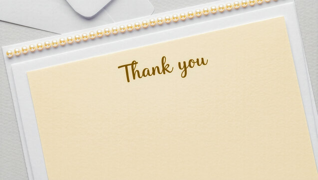 Thank you card with pearl bead trim and gold script with copy space