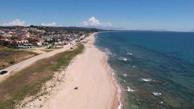 Kanali Beach Aerial Dolly, Side View of Long Coast of Preveza Region Greece, Summer Holiday Destination in Ionia Sea